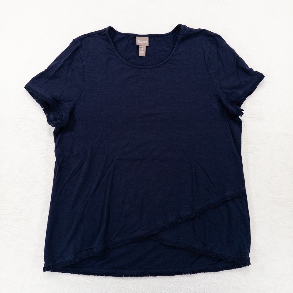 Chico's Womens Top Size 3 US XL Navy Blue Fringed Asymmetrical Slub Jersey Tee *
